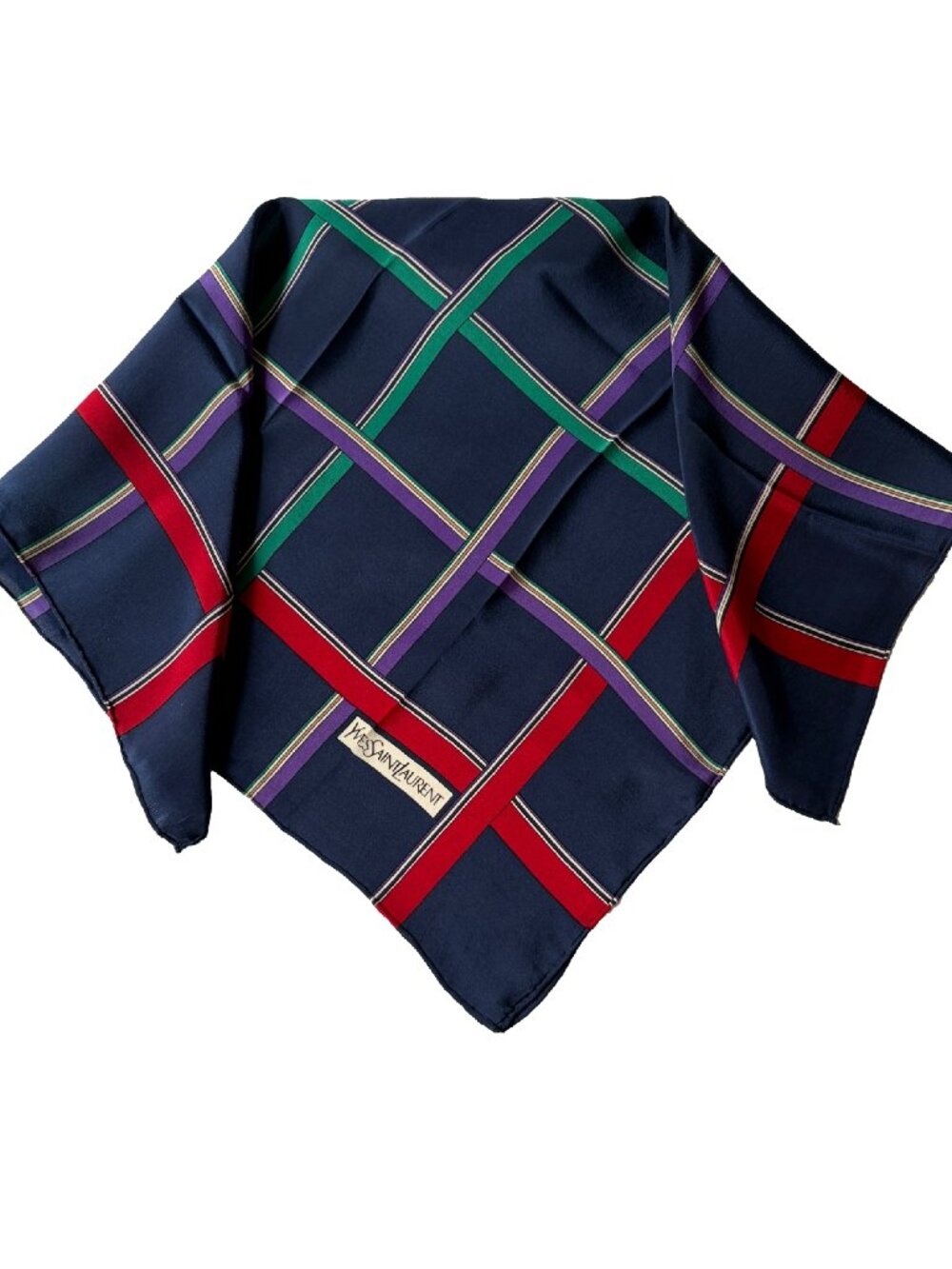 Yves Saint Laurent Vintage Silk Scarf Navy Plaid Tartan 22" Square Rolled Hem